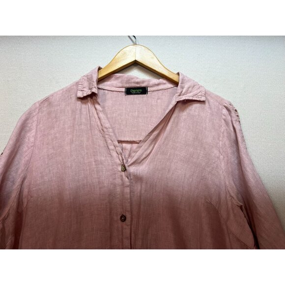 Cherishh Women's Linen Shirt Blouse Tie Hem Size L/XL Pink Roll Tab Sleeve - Picture 5 of 11